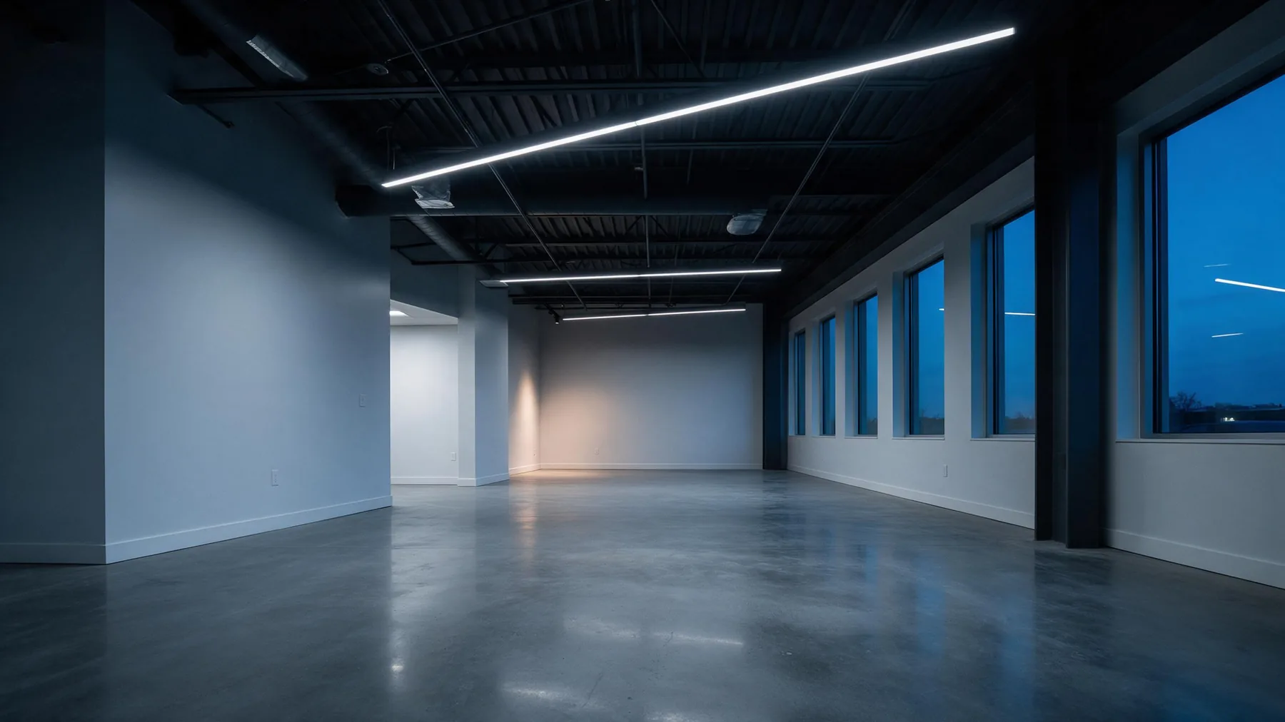 Newly finished commercial tenant build-out at dusk with polished concrete floors and new linear lighting
