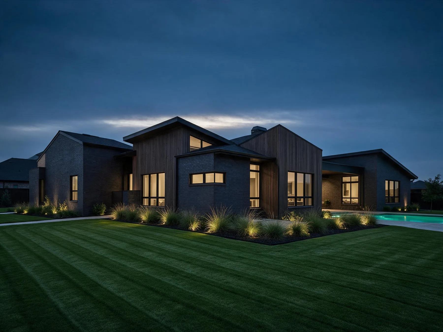 Modern Texas home at dusk with crisp mow lines, landscape lighting and a lit pool