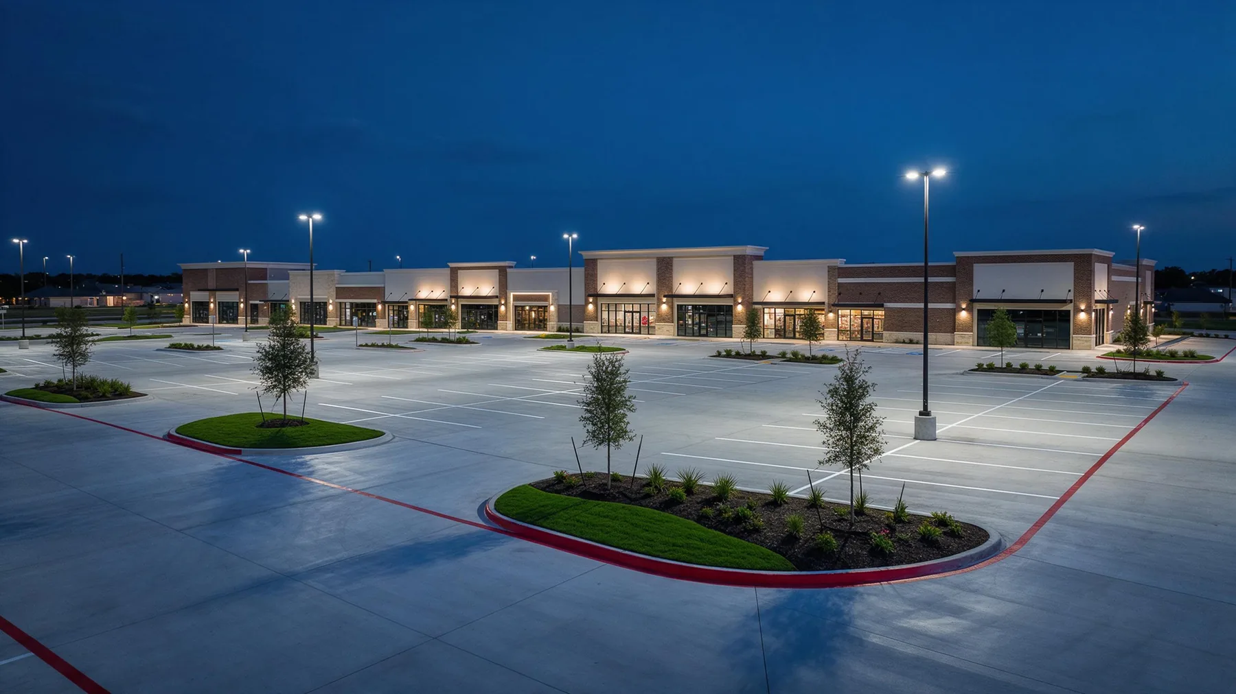 Texas retail shopping center at dusk with a freshly striped parking lot and lit storefronts