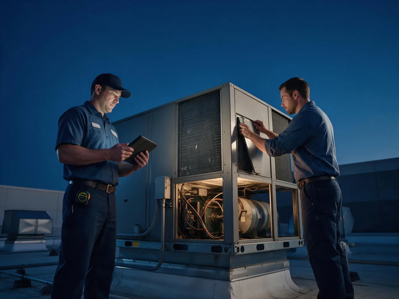 Two service technicians inspecting a rooftop HVAC unit on a commercial building at dusk