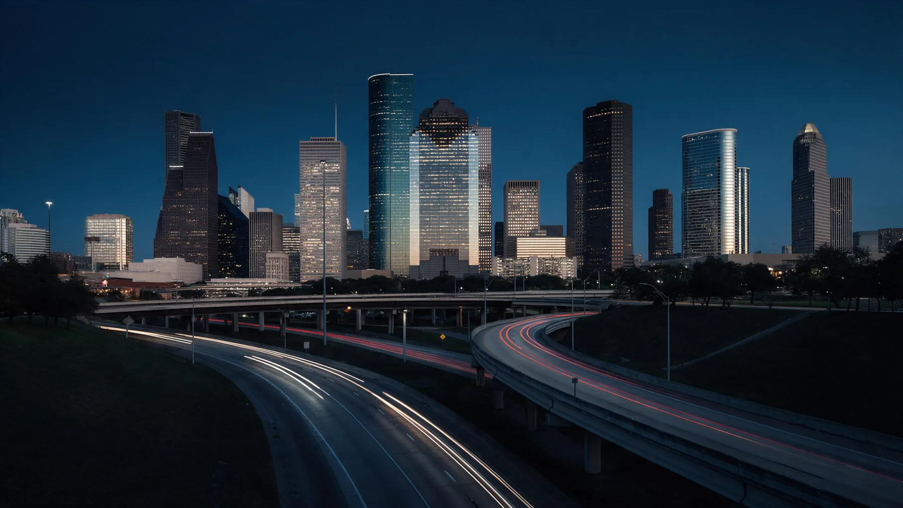 Houston, Texas downtown skyline at blue hour with freeway light trails